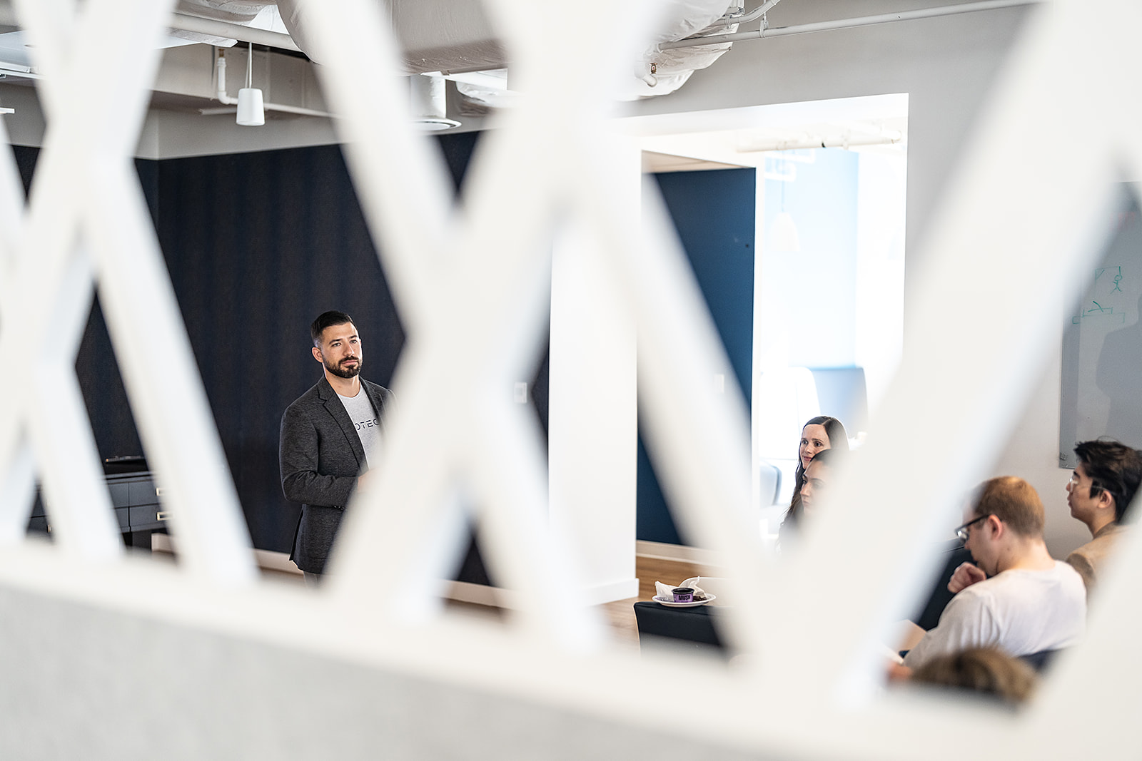 FedTech office candid - through lattice architectural framing