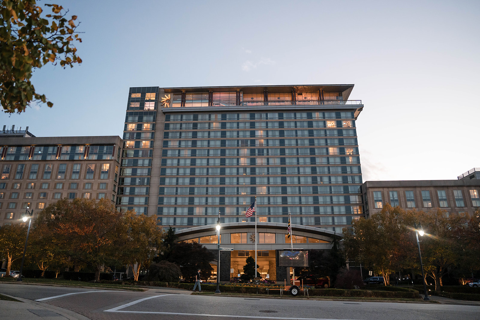 Hotel venue exterior at dusk - corporate retreat location photography